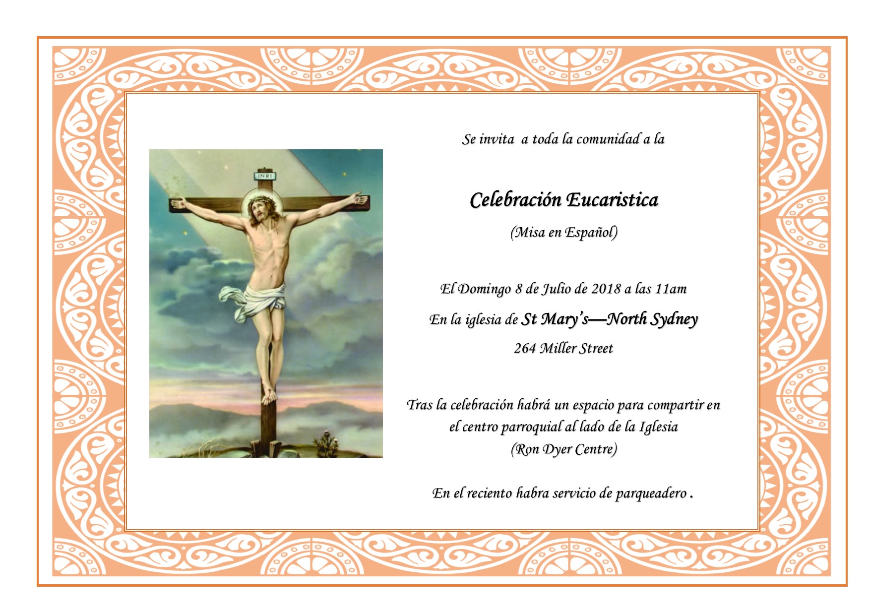 <img src="https://spanishcare.org.au/wp-content/plugins/my-calendar/images/icons/ball.png" alt="Category: Social" class="category-icon" style="background:#FFCCFF" /> Celebracion Eucaristica